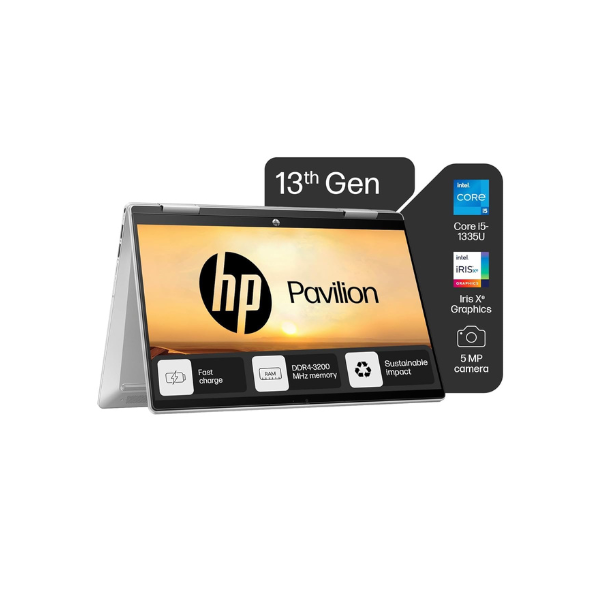 HP Pavilion x360, 13th Gen Intel Core i5-1335U, 14-inch (35.6 cm), FHD, Touchscreen, 16GB DDR4, 512GB SSD, FPR, 5 MP Camera, Backlit KB, Audio by B&O, Pen (Win 11, Silver, 1.51 kg), ek1074TU