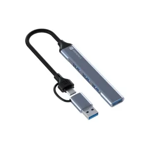 Portronics Mport 31 Pro USB 3.0 Hub (4-in-1) with Type-C & USB Dual Plugs, USB 3.0 SuperSpeed, 3-Port USB 2.0 High-Speed, Up to 5 Gbps Speed, Aluminium Alloy Metal Body, for Laptop, PC, Mac (Grey)